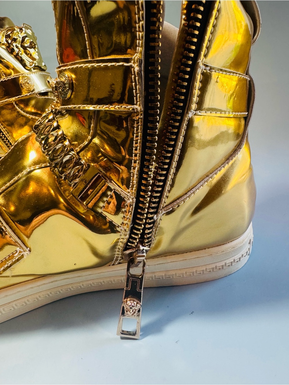 Versace Metallic Gold High-Top Sneakers with Medusa Plaques - Picture 6 of 16